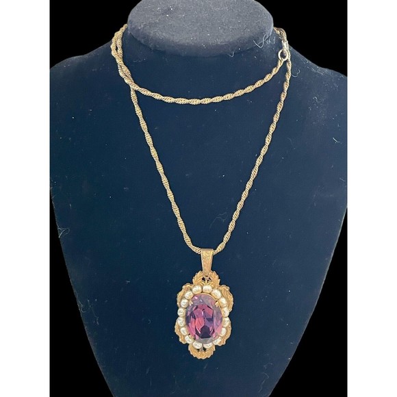 Rare Antique Signed Miriam Haskell Necklace Estate Amethyst Pearl Pendant Chain - Picture 11 of 16